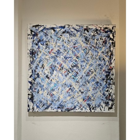 Peinture contemporaine, tableau moderne abstrait, acrylique sur toile 100x100cm etude en bleu et beige