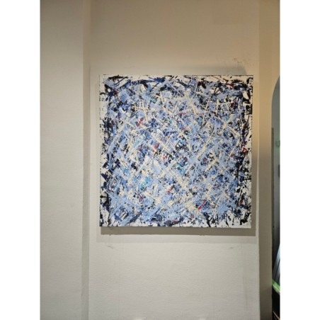 Peinture contemporaine, tableau moderne abstrait, acrylique sur toile 100x100cm etude en bleu et beige