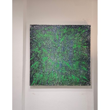 Peinture contemporaine, tableau moderne,  acrylique et collage sur toile 100x100cm étoile verte