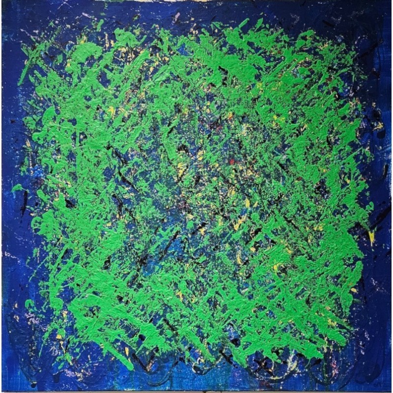 Peinture contemporaine, tableau moderne abstrait, acrylique sur toile 100x100cm, big bang vert sur fond bleu