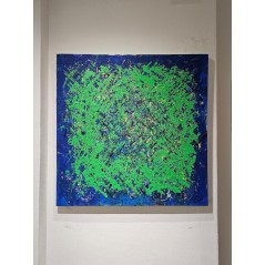 Peinture contemporaine, tableau moderne abstrait, acrylique sur toile 100x100cm, big bang vert sur fond bleu