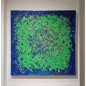 Peinture contemporaine, tableau moderne abstrait, acrylique sur toile 100x100cm, big bang vert sur fond bleu