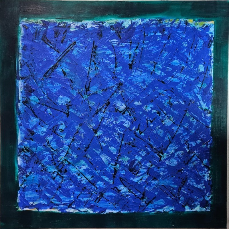 Tableau contemporain abstrait, acrylique sur toile 100x100cm, abstraction bleu et cadre vert