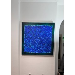 Tableau contemporain abstrait, acrylique sur toile 100x100cm, abstraction bleu et cadre vert