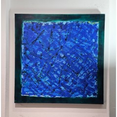 Tableau contemporain abstrait, acrylique sur toile 100x100cm, abstraction bleu et cadre vert