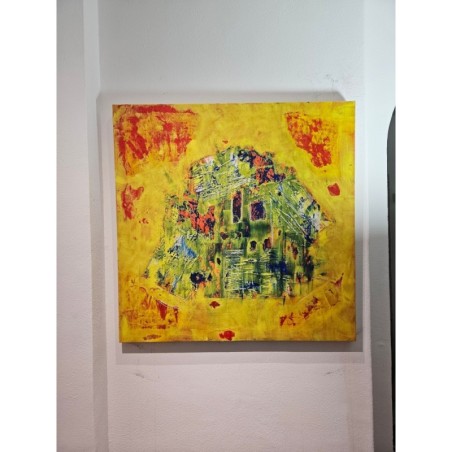 Tableau contemporain abstrait, acrylique sur toile 100x100cm, maison au crépuscule