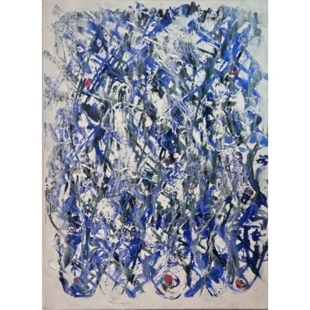 Peinture contemporaine acrylique et collage sur toile 100x73cm: multitete abstraite en vert et bleu