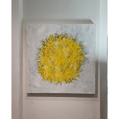 Tableau contemporain abstrait, acrylique sur toile 100x100cm, big bang jaune sur fond blanc