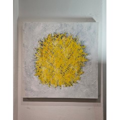 Tableau contemporain abstrait, acrylique sur toile 100x100cm, big bang jaune sur fond blanc