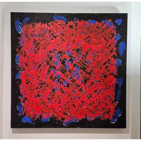 Peinture, tableau contemporain acrylique  sur toile 100x100cm: big bang rouge sur fond bleu et noir