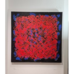 Peinture, tableau contemporain acrylique  sur toile 100x100cm: big bang rouge sur fond bleu et noir