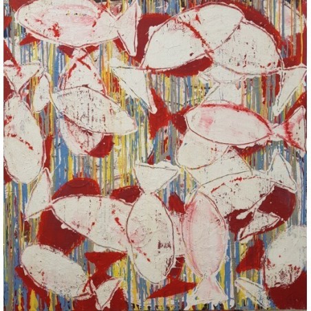 Peinture contemporaine, tableau moderne figuratif, acrylique sur toile 100x100cm intitulée: poissons tigres blancs et rouges