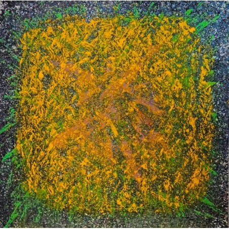 Peinture, tableau contemporain acrylique  sur toile 100x100cm: big bang orangé sur fond bleu et vert