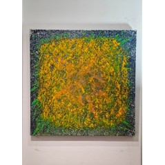 Peinture, tableau contemporain acrylique  sur toile 100x100cm: big bang orangé sur fond bleu et vert