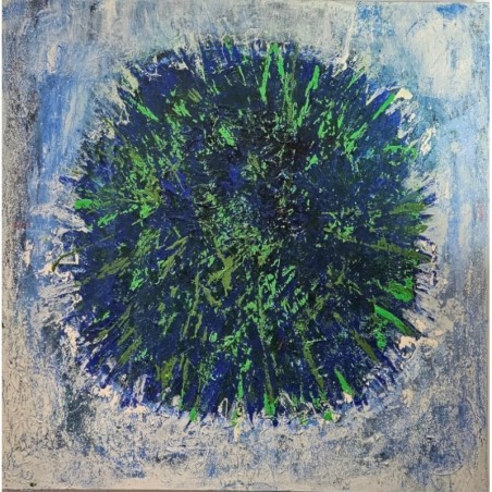Peinture, tableau contemporain acrylique  sur toile 100x100cm: big bang vert et bleu 1