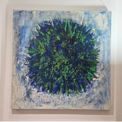 Peinture, tableau contemporain acrylique  sur toile 100x100cm: big bang vert et bleu 1