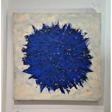 Peinture contemporaine, tableau moderne abstrait, acrylique sur toile 100x100cm, big bang bleu sur fond ivoire