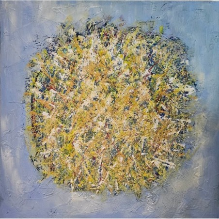 Peinture contemporaine, tableau moderne abstrait, acrylique sur toile 100x100cm, big bang jaune sur fond bleu