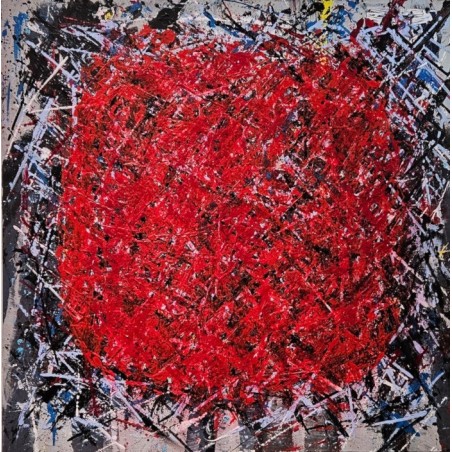 Peinture, tableau contemporain acrylique  sur toile 100x100cm: big bang rouge sur fond noir strié