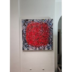 Peinture, tableau contemporain acrylique  sur toile 100x100cm: big bang rouge sur fond noir strié