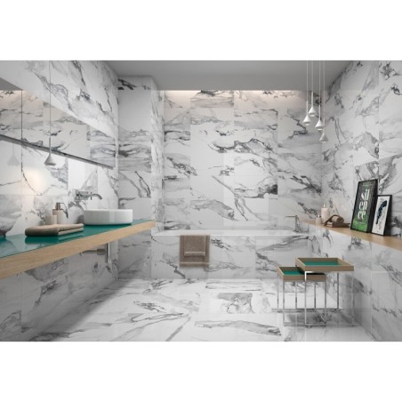Carrelage imitation marbre poli brillant blanc veiné de noir rectifié, Géoxvaleria plata 60x60cm et 60x120cm