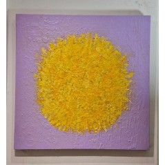 Peinture contemporaine, tableau moderne abstrait, acrylique sur toile 100x100cm, big bang jaune sur fond mauve