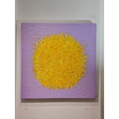 Peinture contemporaine, tableau moderne abstrait, acrylique sur toile 100x100cm, big bang jaune sur fond mauve