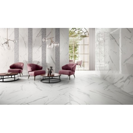 Carrelage imitation marbre blanc veiné de gris brillant, 60x120cm, santastatuario venato