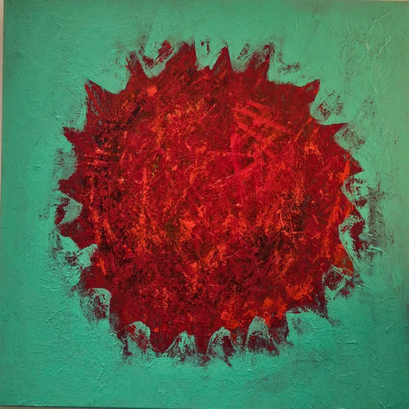 Peinture contemporaine, tableau moderne figuratif, acrylique sur toile 80x80cm: big bang  rouge sur fond vert