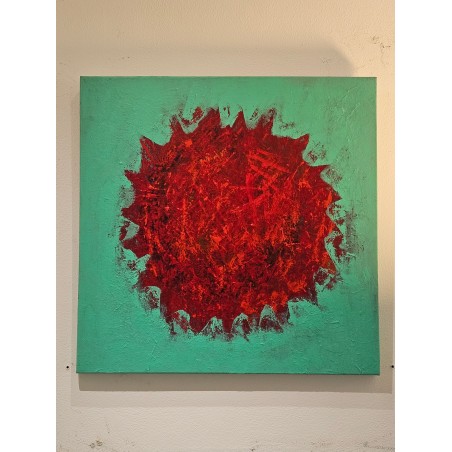 Peinture contemporaine, tableau moderne figuratif, acrylique sur toile 80x80cm: big bang  rouge sur fond vert
