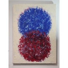 Peinture contemporaine, tableau moderne figuratif, acrylique sur toile 100x73cm: big bang  bleu et rouge sur fond ivoire