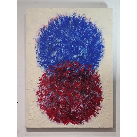 Peinture contemporaine, tableau moderne figuratif, acrylique sur toile 100x73cm: big bang  bleu et rouge sur fond ivoire