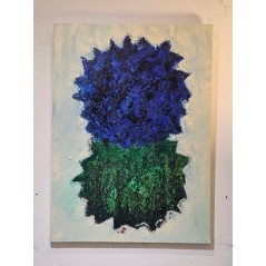 Peinture contemporaine, tableau moderne figuratif, acrylique sur toile 100x73cm: big bang  bleu et vert sur fond ivoire