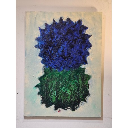 Peinture contemporaine, tableau moderne figuratif, acrylique sur toile 100x73cm: big bang  bleu et vert sur fond ivoire