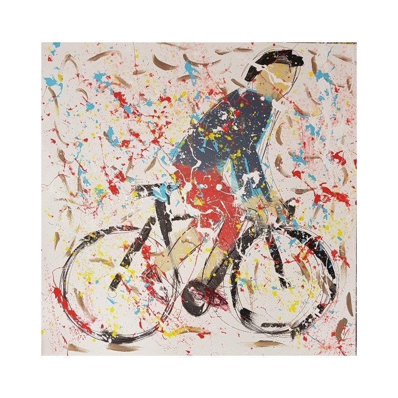 copy of Peinture moderne, tableau contemporain figuratif, acrylique sur toile 100x100cm intitulée: cycliste en danseuse bleu.