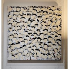 Peinture contemporaine, tableau moderne abstrait, acrylique sur toile 100x100cm, foule en ivoire, blanc et noir.