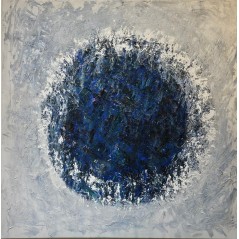 Tableau moderne abstrait, acrylique sur toile 100x100cm, big bang bleu sur fond blanc
