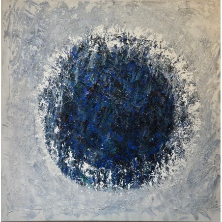 Tableau moderne abstrait, acrylique sur toile 100x100cm, big bang bleu sur fond blanc