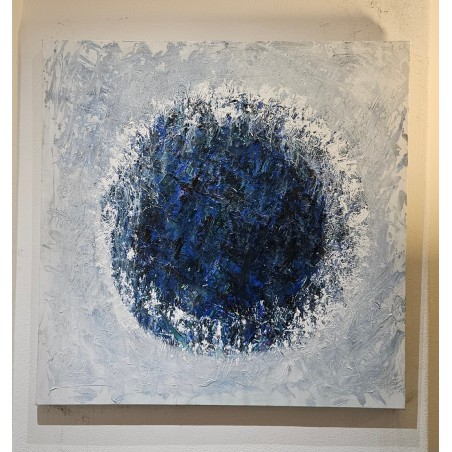 Peinture contemporaine, tableau moderne abstrait, acrylique sur toile 100x100cm, big bang bleu sur fond blanc