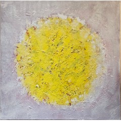 Peinture contemporaine, tableau moderne figuratif, acrylique sur toile 80x80cm: big bang  jaune sur fond blanc