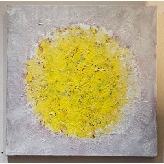 Peinture contemporaine, tableau moderne figuratif, acrylique sur toile 80x80cm: big bang  jaune sur fond blanc