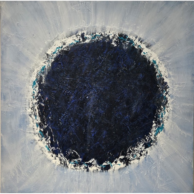 Peinture contemporaine, tableau moderne abstrait, acrylique sur toile 100x100cm, big bang bleu sur fond bleu