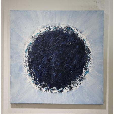 Peinture contemporaine, tableau moderne abstrait, acrylique sur toile 100x100cm, big bang bleu sur fond bleu
