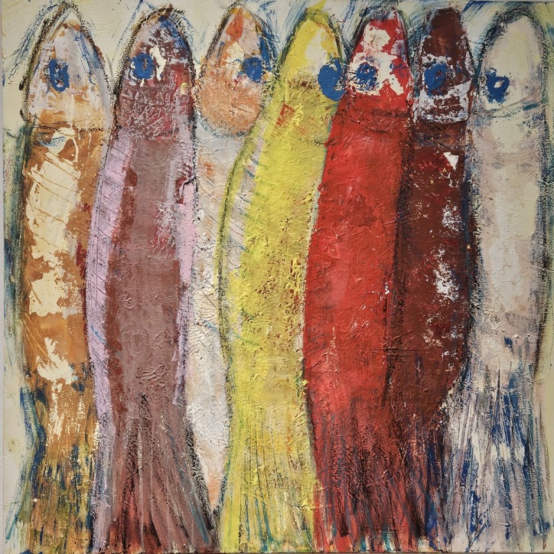 Peinture contemporaine, tableau moderne figuratif, acrylique sur toile 100x100cm: sardines 1