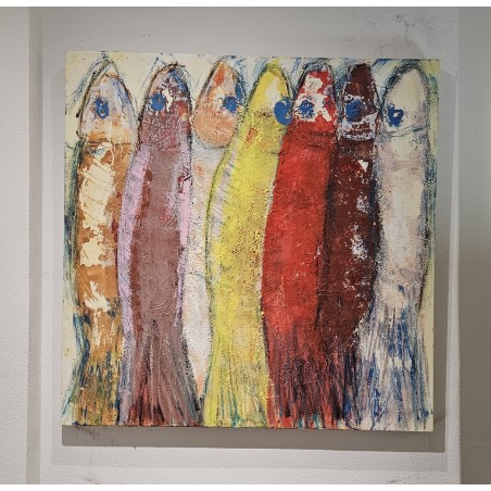 Peinture contemporaine, tableau moderne figuratif, acrylique sur toile 100x100cm: sardines 1