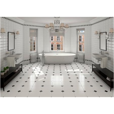 Carrelage salle de bain EXA octogone blanc pur mat 20x20cm avec cabochon noir 5x5cm épaisseur 5.5mm