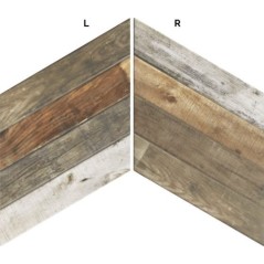 Carrelage chevron imitation bois de palette mélangé realdpallet mix au sol et blanc au mur gauche et droit