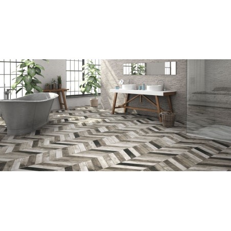 Carrelage chevron imitation bois de palette realdpallet gris gauche et droit au sol et teiki gris au mur