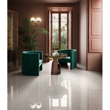 Carrelage effet terrazzo et granito, salon, 90x90cm rectifié, santanewdeco pearl poli brillant 