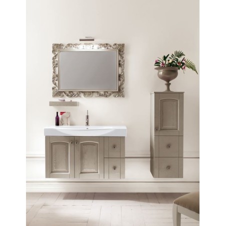 Meuble de salle de bain frêne laqué taupe mat de style ancien, un miroir et une colonne comp AC22